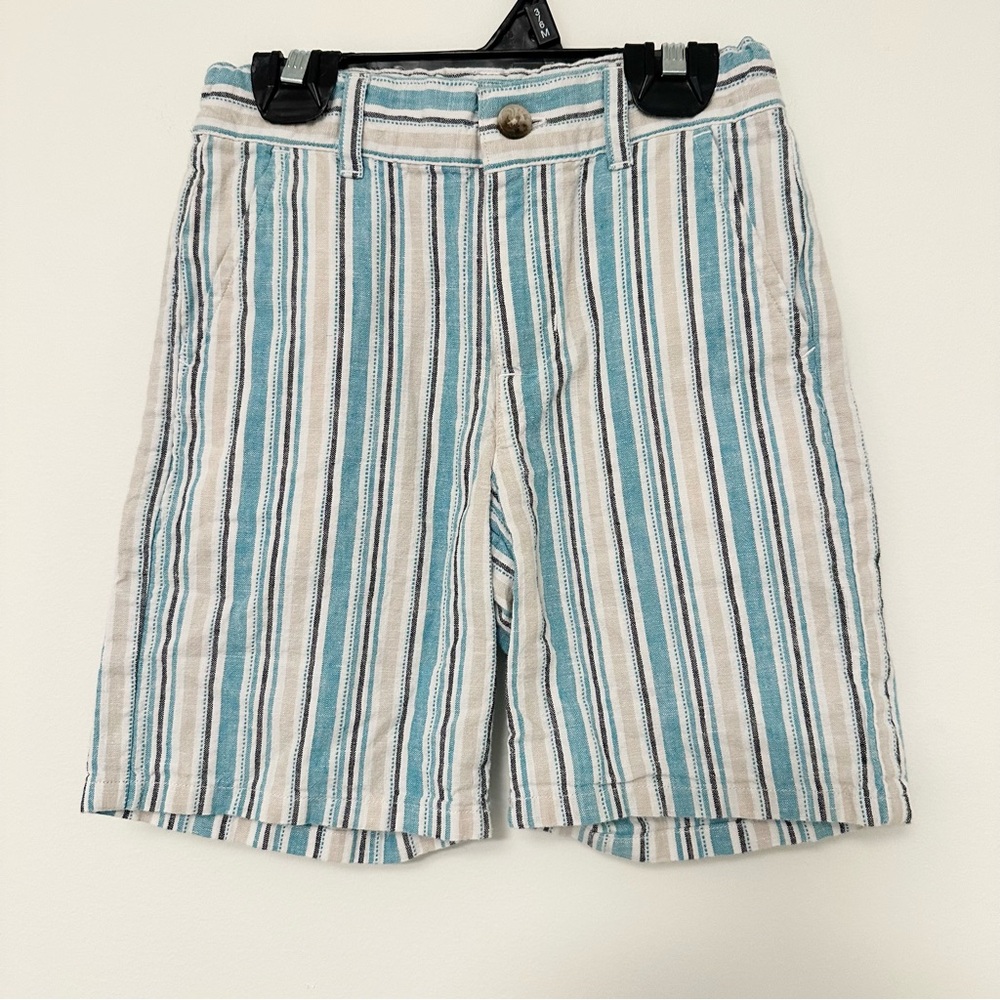 Janie and Jack Aqua, Beige, White Linen and Cotton Blend Striped Shorts Boys 3T
